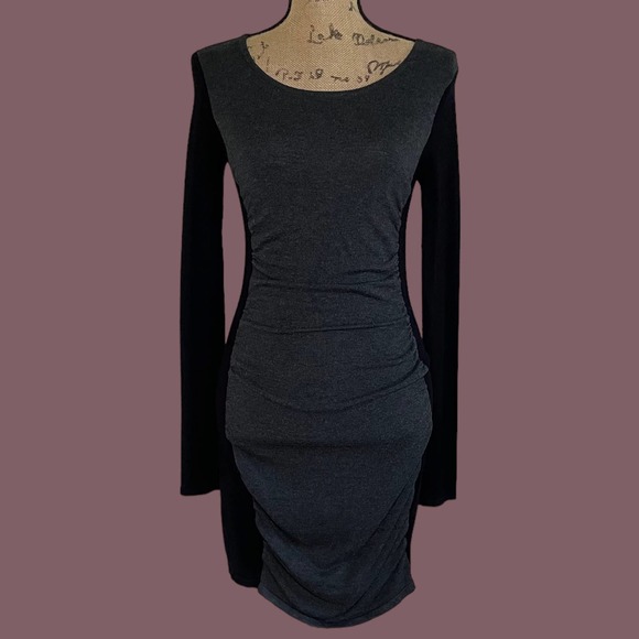 Express Gray & Black Rushed Color Block Long Sleeve Knit Sweater Dress - Picture 5 of 9